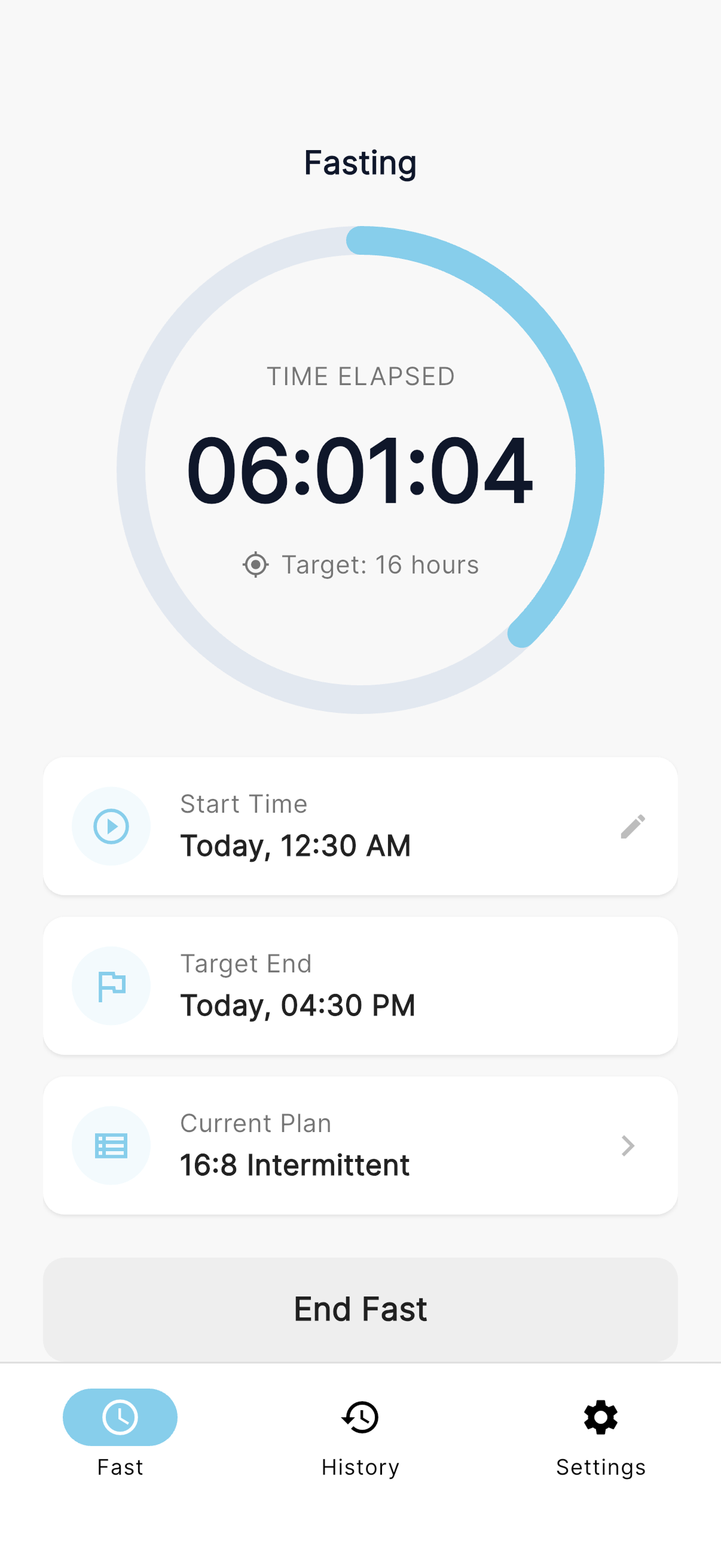 Intermino fasting timer screen